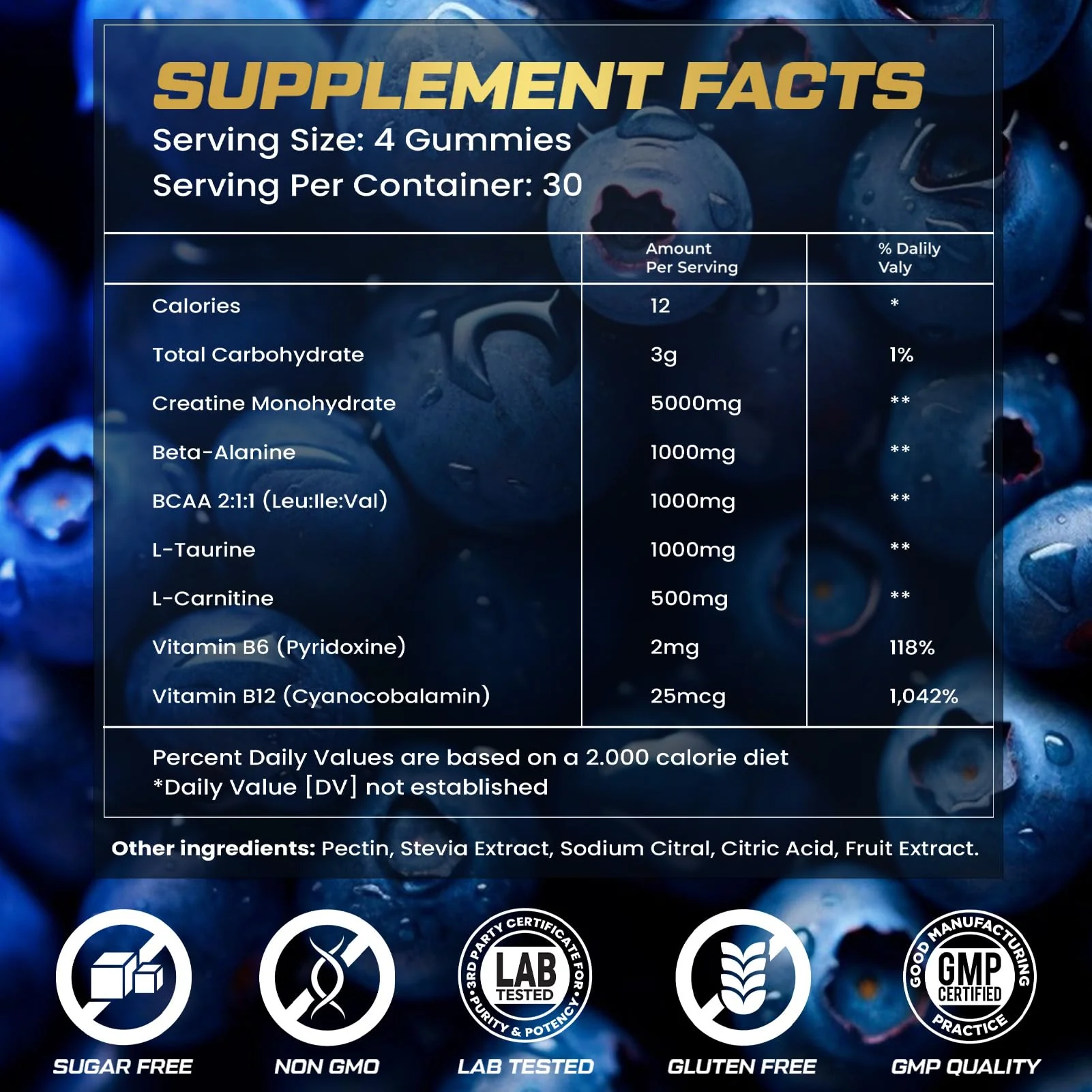 ZyterX Creatine Monohydrate Gummies for Men & Women, 9000MG Creatine Gummies Sugar Free with L-Taurine, BCAA 2:1, B12 B6 for Boost Strength, Focus & Endurance, Vegan, Non-GMO, Blueberry 120pcs - Image 7