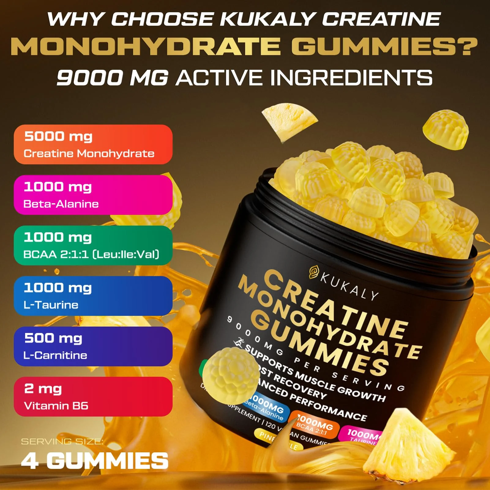 ZyterX Creatine Monohydrate Gummies for Men & Women, 9000MG Creatine Gummies Sugar Free with L-Taurine, BCAA 2:1, B12 B6 for Boost Strength, Focus & Endurance, Vegan, Non-GMO, Pineapple 120pcs - Image 2