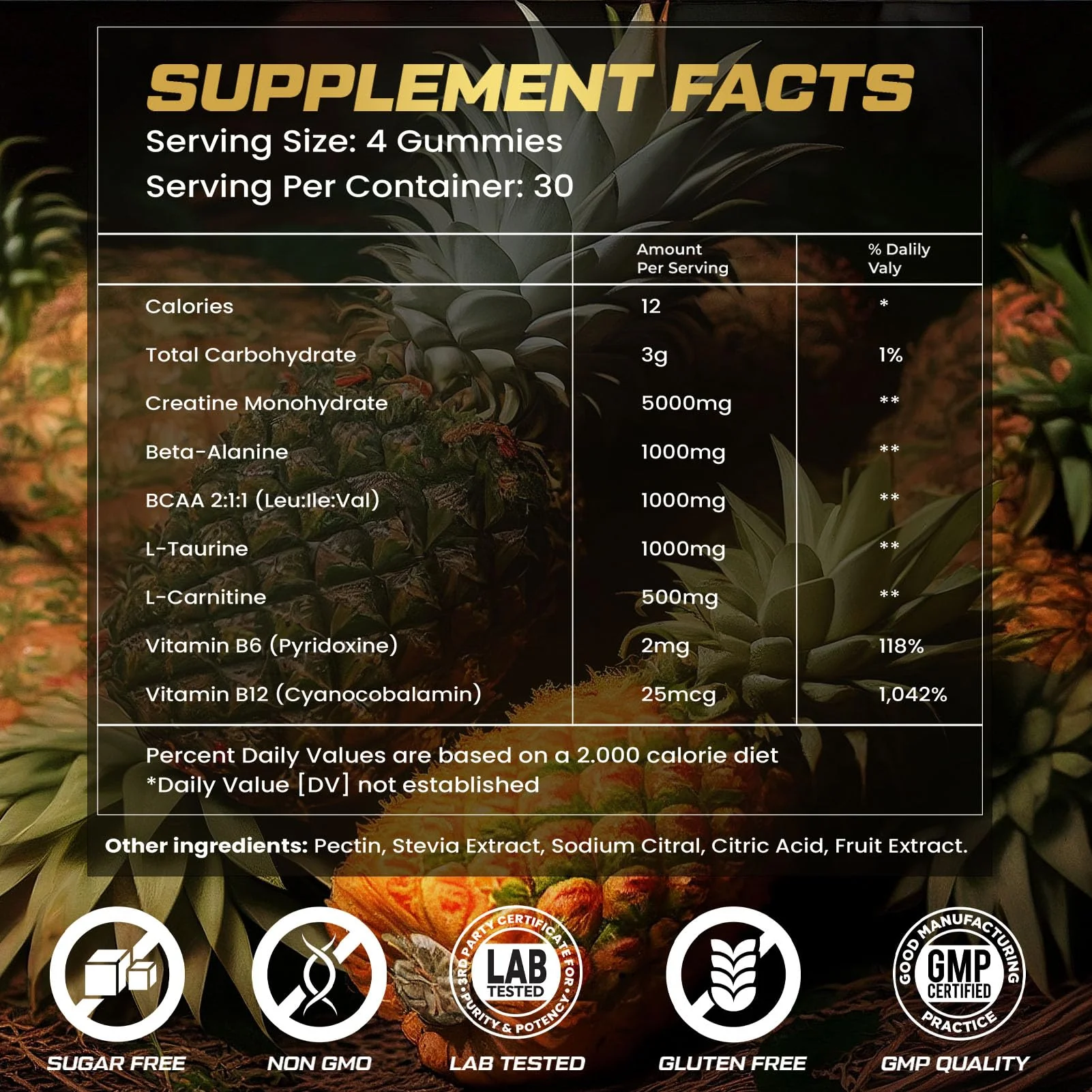 ZyterX Creatine Monohydrate Gummies for Men & Women, 9000MG Creatine Gummies Sugar Free with L-Taurine, BCAA 2:1, B12 B6 for Boost Strength, Focus & Endurance, Vegan, Non-GMO, Pineapple 120pcs - Image 7