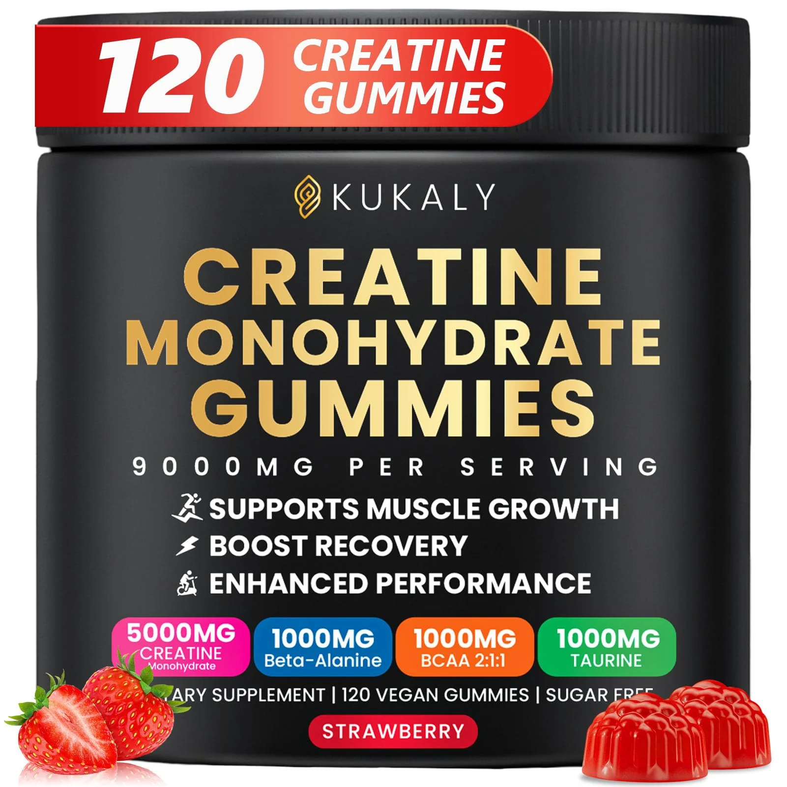 ZyterX Creatine Monohydrate Gummies for Men & Women, 9000MG Creatine Gummies Sugar Free with L-Taurine, BCAA 2:1, B12 B6 for Boost Strength, Focus & Endurance, Vegan, Non-GMO, Strawberry, 120pcs