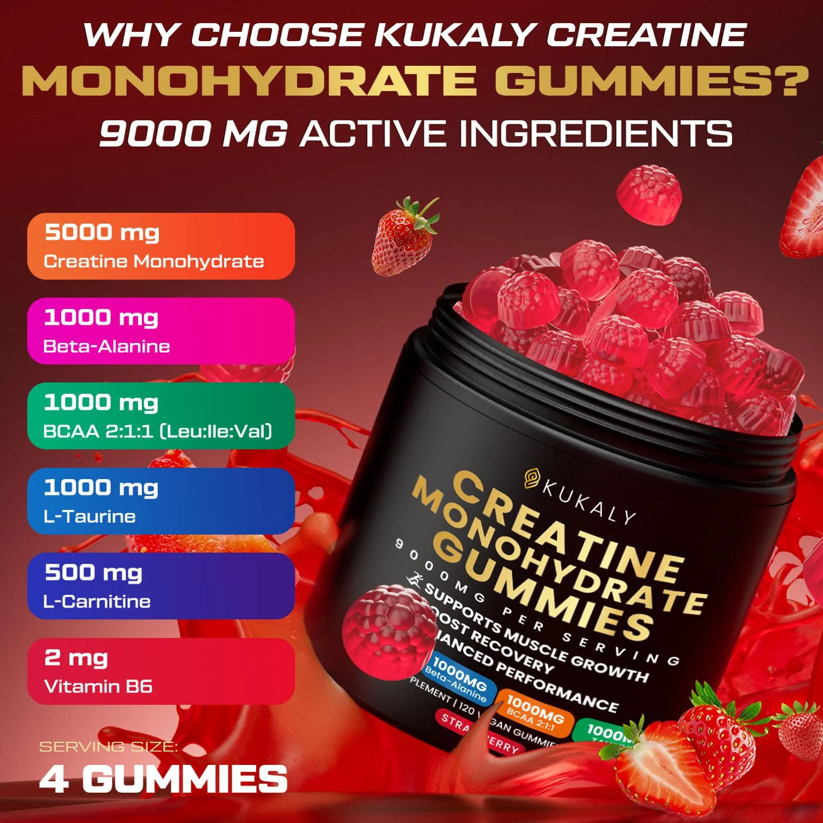 ZyterX Creatine Monohydrate Gummies for Men & Women, 9000MG Creatine Gummies Sugar Free with L-Taurine, BCAA 2:1, B12 B6 for Boost Strength, Focus & Endurance, Vegan, Non-GMO, Strawberry, 120pcs - Image 2