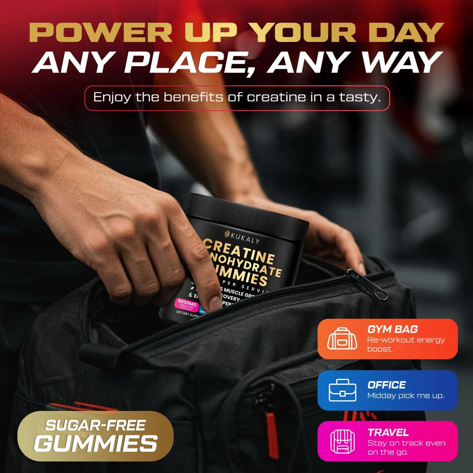 ZyterX Creatine Monohydrate Gummies for Men & Women, 9000MG Creatine Gummies Sugar Free with L-Taurine, BCAA 2:1, B12 B6 for Boost Strength, Focus & Endurance, Vegan, Non-GMO, Strawberry, 120pcs - Image 3