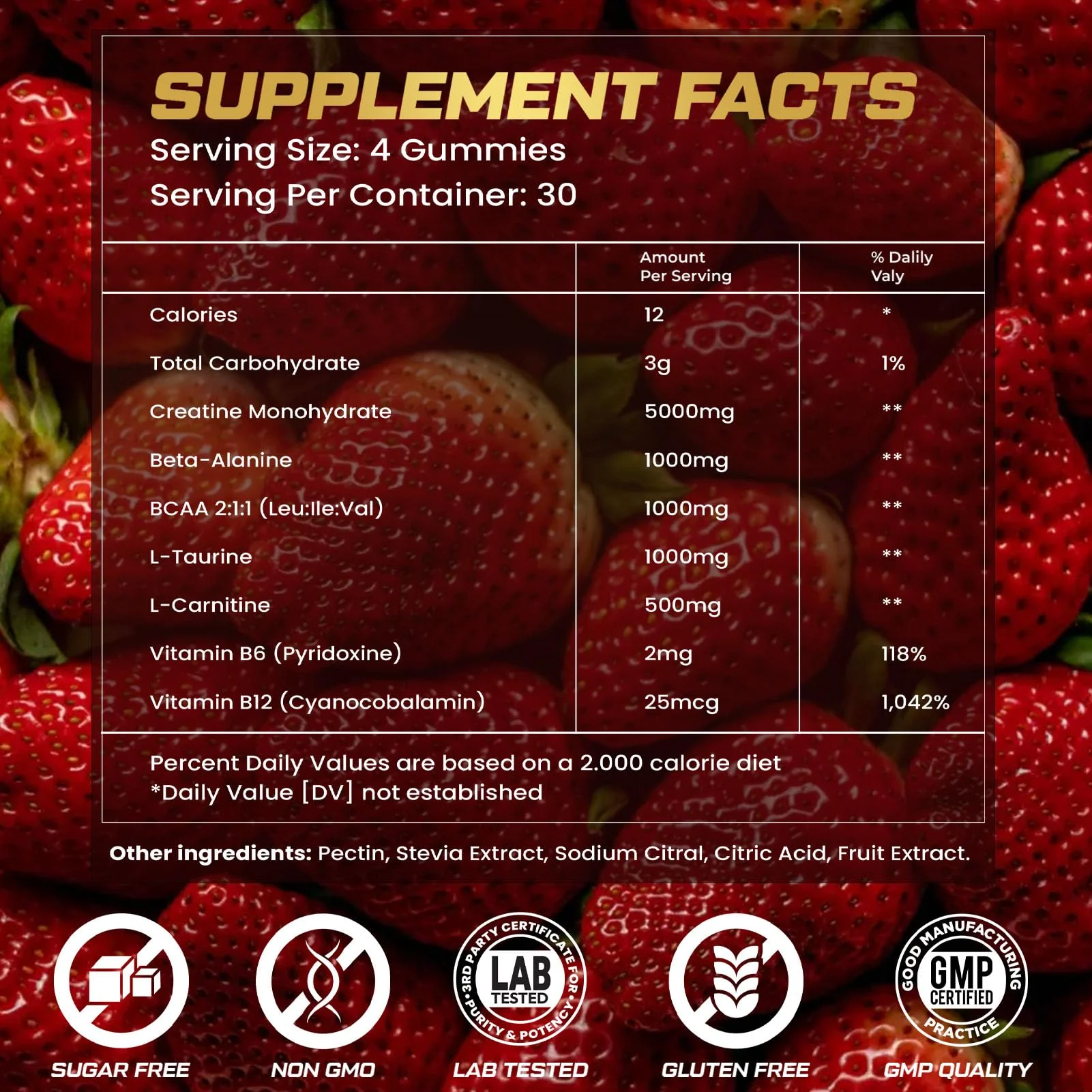 ZyterX Creatine Monohydrate Gummies for Men & Women, 9000MG Creatine Gummies Sugar Free with L-Taurine, BCAA 2:1, B12 B6 for Boost Strength, Focus & Endurance, Vegan, Non-GMO, Strawberry, 120pcs - Image 7